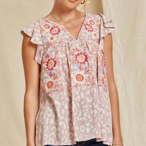Savanna Jane Floral Embroidered Ruffle Sleeve Top